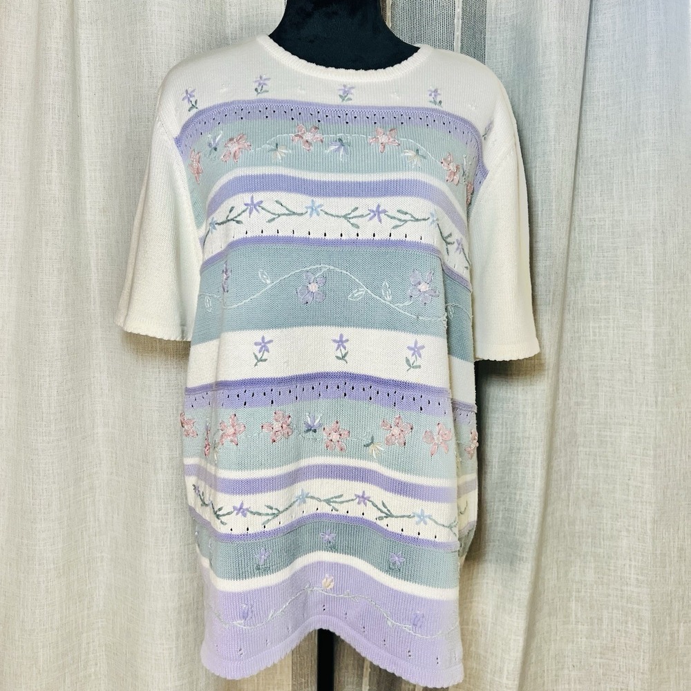 VTG Alfred Dunner Short Slv Sweater Stripe Floral Embroidered XL Grandma Cottage